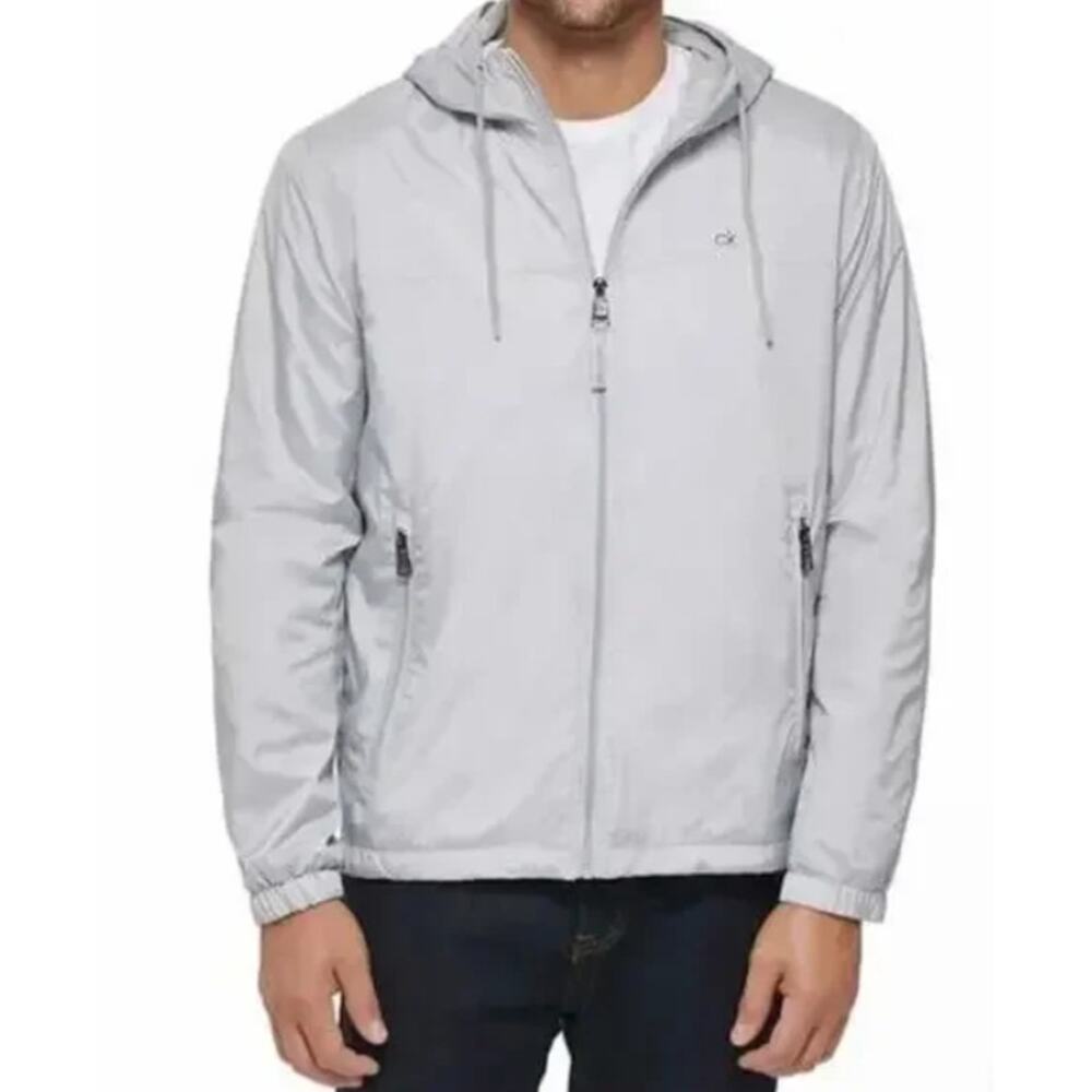 NWT Calvin Klein Men's Fleece Lined Lightweight Windbreaker Hooded Jacket Gray L